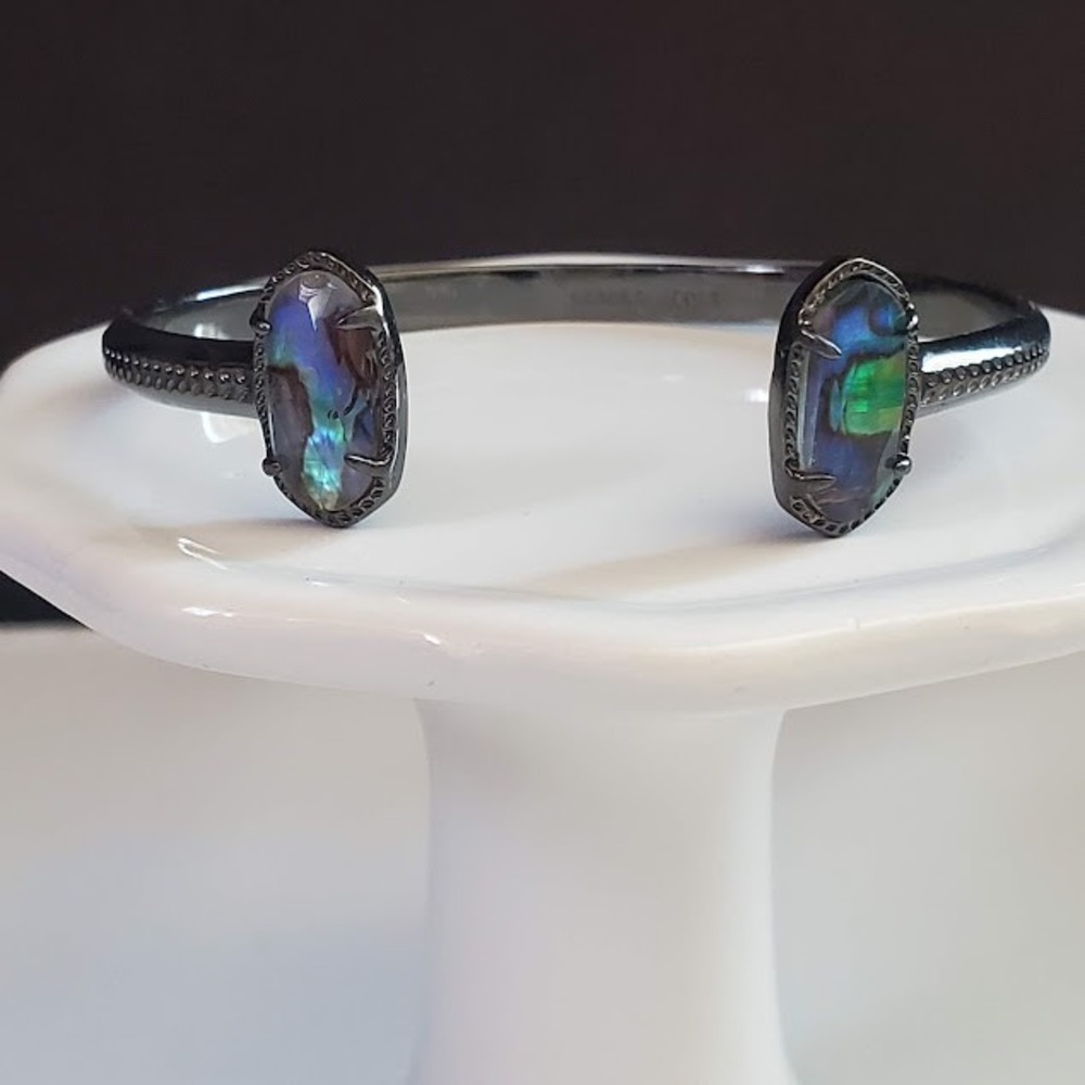 Kendra Scott Elton Cuff Bracelet Gunmetal Black Abalone Shell Iridescent Bangle
